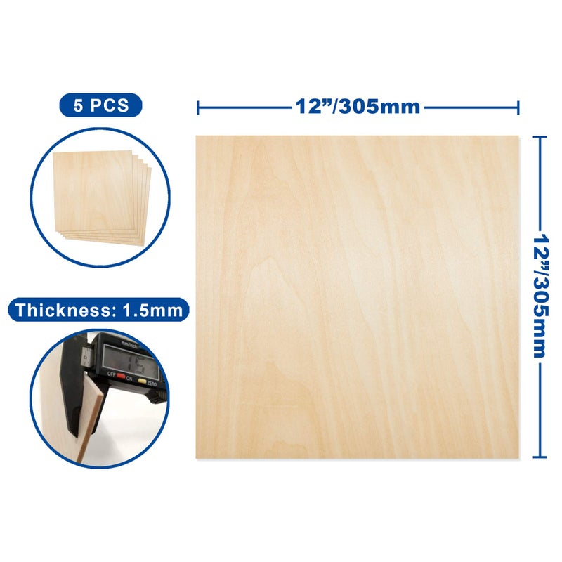 Craftiff Plywood Sheet Board Squares, A Grade, 12 x 12 inch, 1.5mm Thick, Pack of 5 Unfinished Wood for Crafts Basswood by Craftiff - Image 2